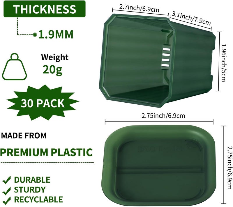 Foxany 3 Inch Transparent Green Nursery Pots, 30 Pcs Thick Plastic Plant Pot, Square Flower Planting Pots Variety Pack, Seedling Planter Starter Pots with Saucers for Garden - Image 2